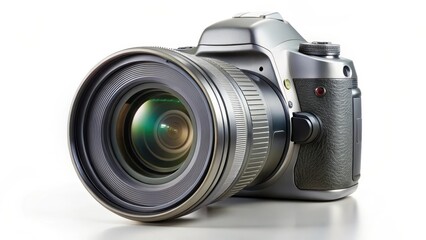 Back view of a modern DSLR camera with a wide-angle lens and a silver finish, set against a plain white background, camera body, electronic gadget