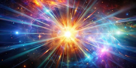 Naklejka premium Iridescent beams radiate from a cosmic core, pulsating with electrifying colors and swirling patterns of light and energy , glowing nebulae, cosmic light