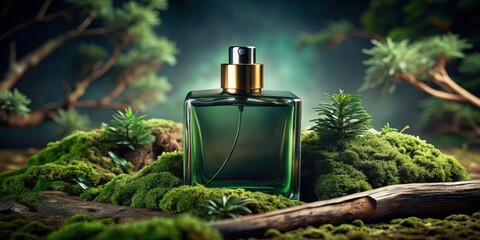 Mysterious dark green perfume bottle with intricate oakmoss and cedarwood design elements , perfume bottle