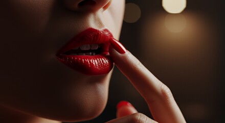 Close-Up of Glossy Red Lips and Finger with Matching Red Nail Polish against Dark Bokeh Background Perfect for Cosmetics and Beauty Ads