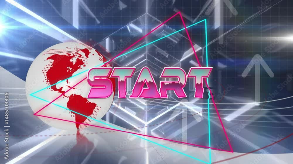Poster 3d render showing rotating pink start text hovering over globe with neon triangles and arrows