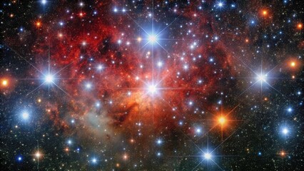Fototapeta premium A majestic star cluster in Taurus constellation with a bright red giant Aldebaran at center surrounded by numerous faint stars and nebulas, nebulae, galaxy