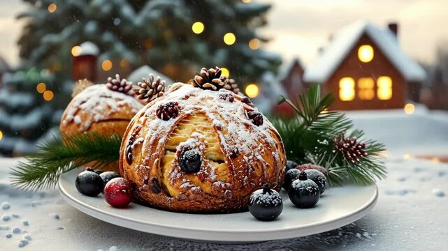 Traditional holiday fruitcake in snowy village setting with festive decorations. Merry Christmas. Happy New Year