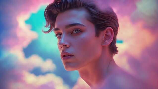 Stylish androgynous model poses against a surreal pastel cloud backdrop, blending fashion and fantasy in a dreamlike, artistic portrait with soft lighting and ethereal tones - Powered by Adobe