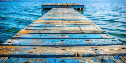 Fototapeta premium Weathered wooden dock with nautical blue color and rough surface, ocean, harbor, ocean, harbor, dock,nautical blue, boat ramp, water