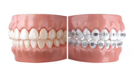 Before and After Orthodontic Treatment A Model Jaw Shows Teeth Straightening with Braces