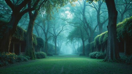 Naklejka premium Misty forest path with towering trees and lush greenery enveloped in ethereal blue fog, creating a serene, mystical natural sanctuary