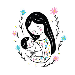 Mother holding baby. Mom and newborn baby hand drawn illustration. Cute motherhood clipart