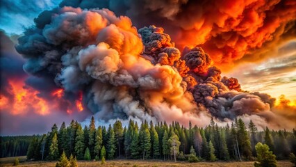 Fiery landscape with a large red cloud of smoke billowing out of a fire in the distance
