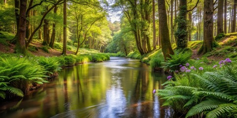 Obraz premium A tranquil river winding its way through a dense thicket of trees in a lush green forest ecosystem surrounded by tall ferns and wildflowers, nature reserve, peaceful atmosphere