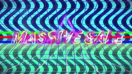 Neon MASSIVE SALE sign floating in retro futuristic digital space, featuring glitch bars and grid - Powered by Adobe