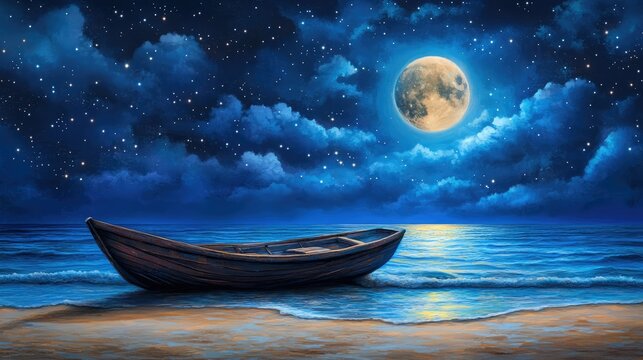 Serene nightscape of a wooden boat on the shore under a glowing full moon