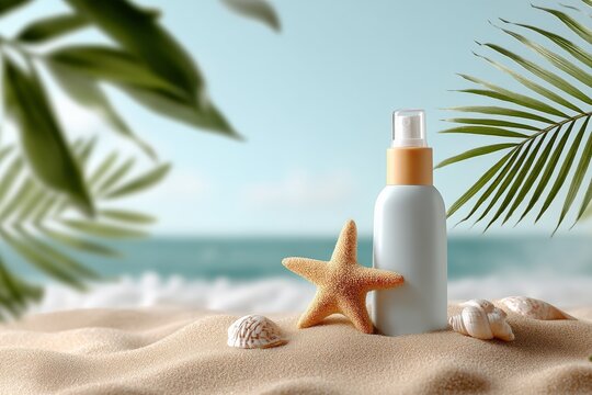 Sunscreen bottle on sandy beach with starfish and seashells