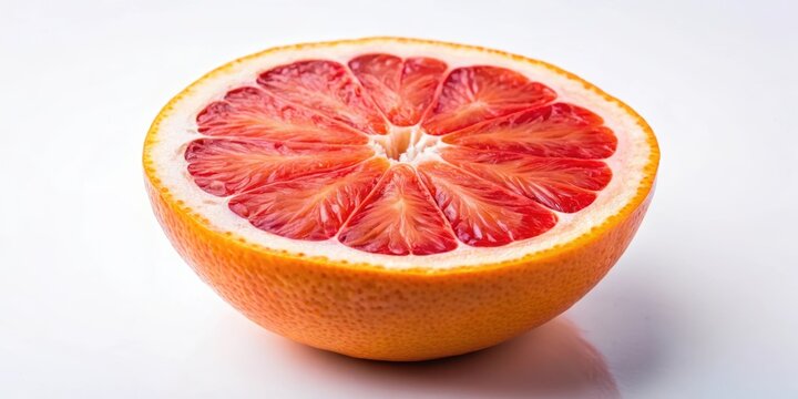 A juicy grapefruit half with its segmented pulp exposed, revealing a vibrant orange interior, healthy eating