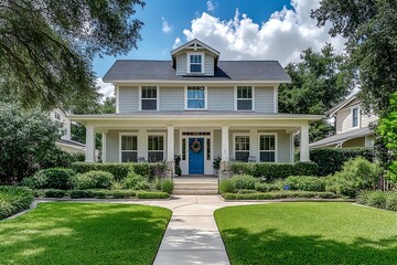 Exterior view of two story gray house with blue front door and green lawn