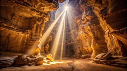 Flickering beam of light illuminates ancient cave walls and mysterious rock formations, darkness, light,  darkness, light