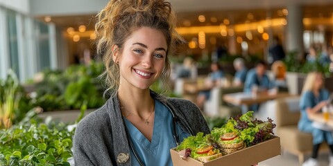 Smiling female caucasian young adult doctor enjoying healthy lunch in hospital cafeteria