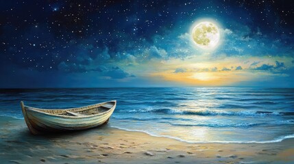 Serene seascape depicting boat on shoreline beneath a glowing full moon and starry sky