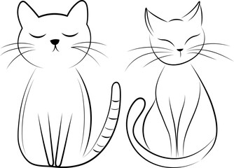 cat and kitten sketch, line drawing, vector