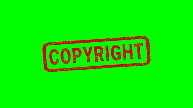 Appearance of a dirty red stamp mark "COPYRIGHT" surrounded by a rounded frame  from above on a green screen with alpha channel