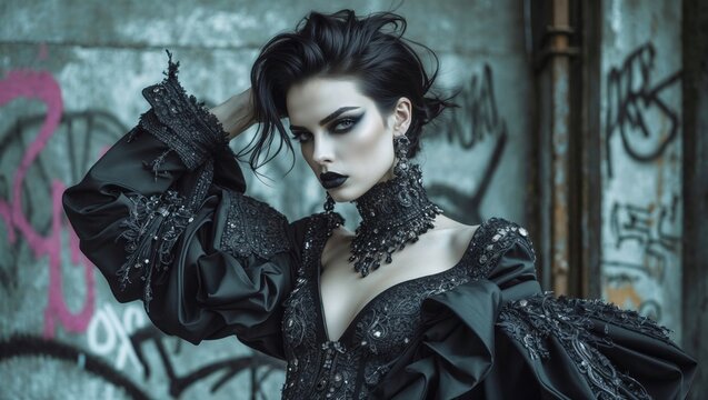 A striking gothic fashion model with pale skin, dramatic black makeup, and elaborate black lace attire poses confidently against a gritty, graffiti-covered urban backdrop
