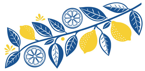 Decorative illustration of lemons leaves and stylized fruit slices in a blue and yellow design