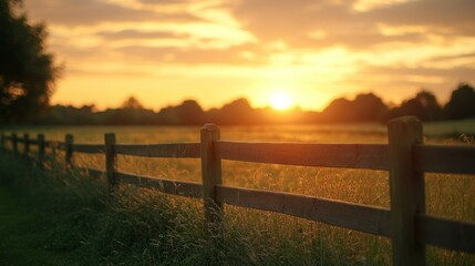 Fototapeta premium Golden Sunset over a Rustic Fence