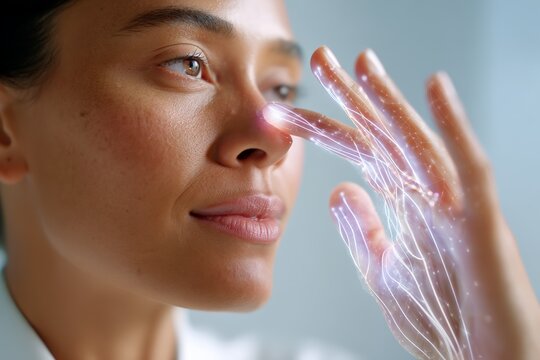 Asian young female engages with digital interface through hand gesture technology - Powered by Adobe