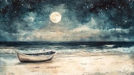 Serene watercolor painting of a moonlit night with boat on beach and starry sky