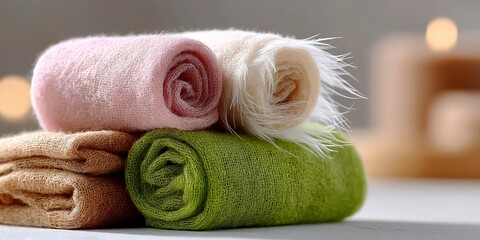 Colorful rolled textured fabrics in soft pastel and earthy tones