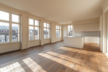 Fototapeta premium Spacious, sun-drenched interior of an empty apartment.