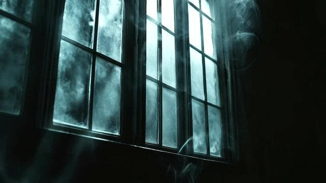Smoke rising from a window in a dark room.
