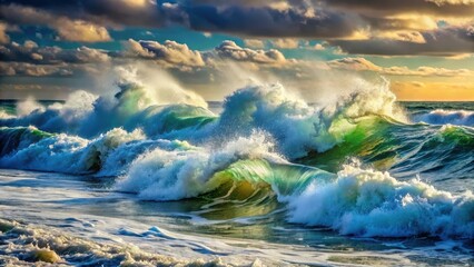 Fototapeta premium Close up of sea with foaming crashing waves Sea background with storm , foam, coastline, foam, coastline, beach, blue,sea