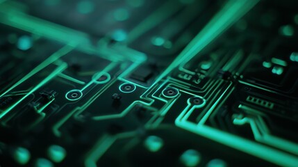 Futuristic circuit board pulsating with green energy, a close up view of advanced technology