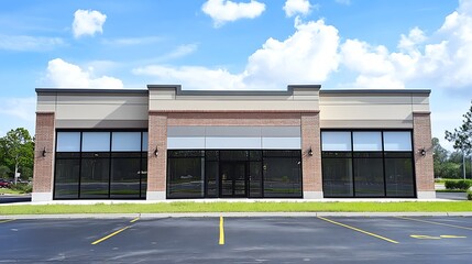 Obraz premium Facade of Modern Commercial Building With Brick Detail on Sunny Day With Blue Sky