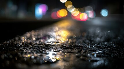 Wet asphalt reflecting city lights at night with blurred bokeh effect