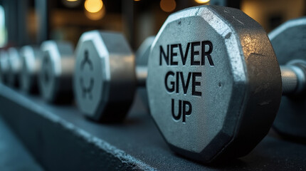 Obraz premium Close-up of a dumbbell displaying the text 'Never Give Up' in a gym, representing motivation, determination, and fitness goals.