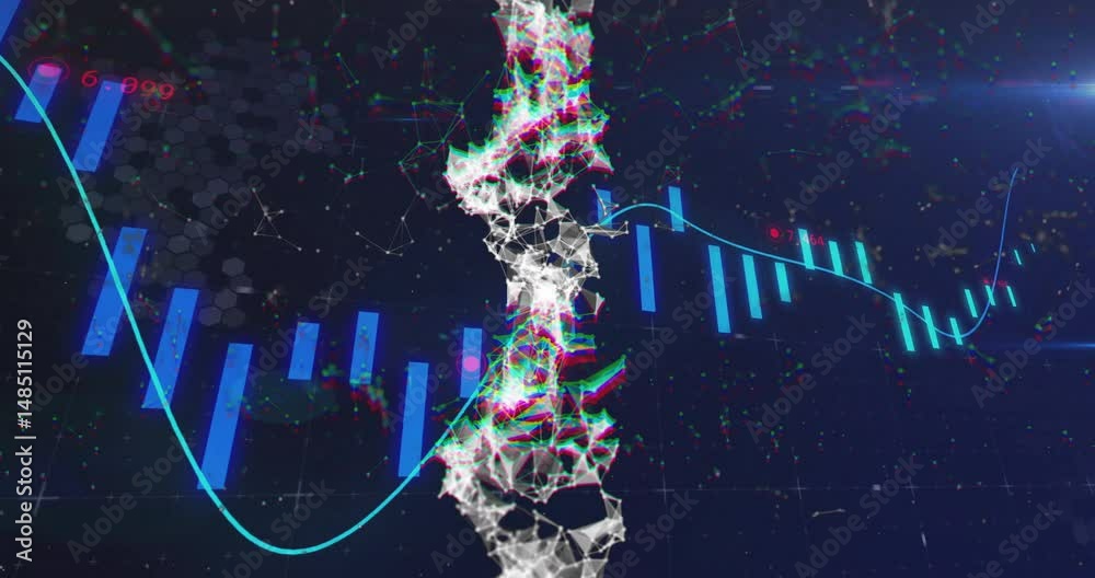 Poster digital finance visualization showing neon particle column, featuring floating candlestick bars