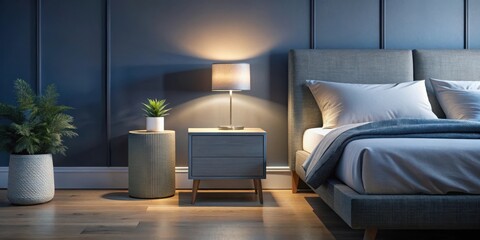 Smart home assistant on nightstand beside bed in modern bedroom with sleek furniture and dimly lit room ambiance, nightstand, smart home