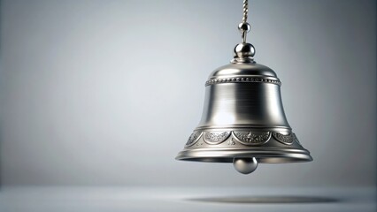 A delicate silver bell with a smooth, matte finish and intricate details, suspended in mid-air against a plain white or gray background, metallic object, jewelry