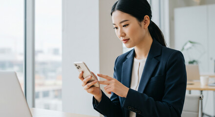Focused businesswoman using smartphone bright office sleek modern style checking emails professional