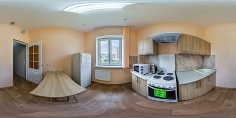 full seamless spherical hdri panorama 360 degrees angle view in interior of cheap kitchen in modern flat apartments in equirectangular projection, VR content