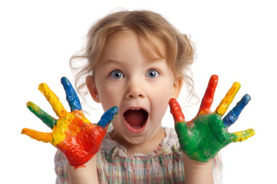 A set of children%E2%80%99s hands dipped in a mix of red, yellow, green, and blue paint, isolated on a transparent background