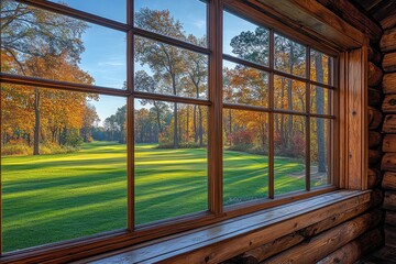 Autumnal golf course view from a log cabin window.