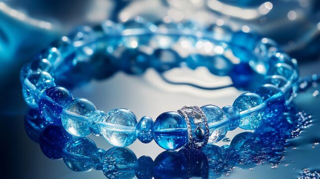 A elegant bracelet in indoor cool lighting, composed of 18 exquisite beads, ocean-themed in blue color scheme, with a decorative pendant. The bracelet has a mysterious and sophisticated appearance, fe
