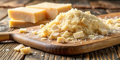 Close-up shot of crumbled Parmesan cheese on a wooden cutting board