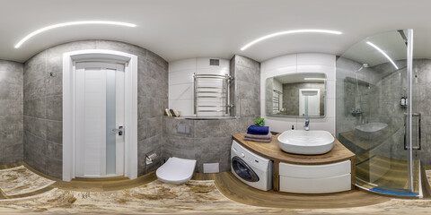 seamless 360 hdri panorama in interior of toilet with shower cabin and wall mount attachment in elite bathroom in equirectangular projection. VR AR content