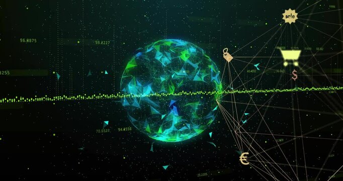 Glowing digital sphere spinning in 3D render, streaming green data and radiating shopping icons