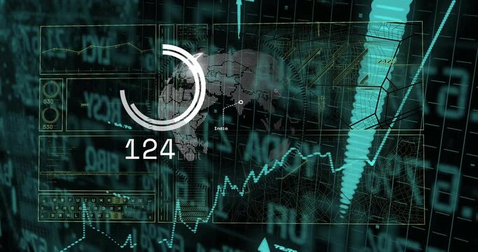Futuristic interface being animated with circular gauge showing 142 Stock Limit over world map