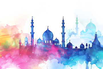 Eid al-Adha Islamic Mubarak watercolor festive background with crescent moon lantern and decorative patterns for holy celebration